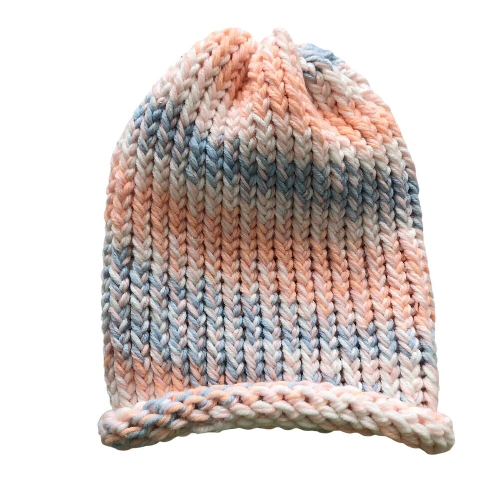 Beautiful Hand Knitted Beanie Sock Hat Chunky Pastel Pink Peach Blue White - Picture 2 of 4